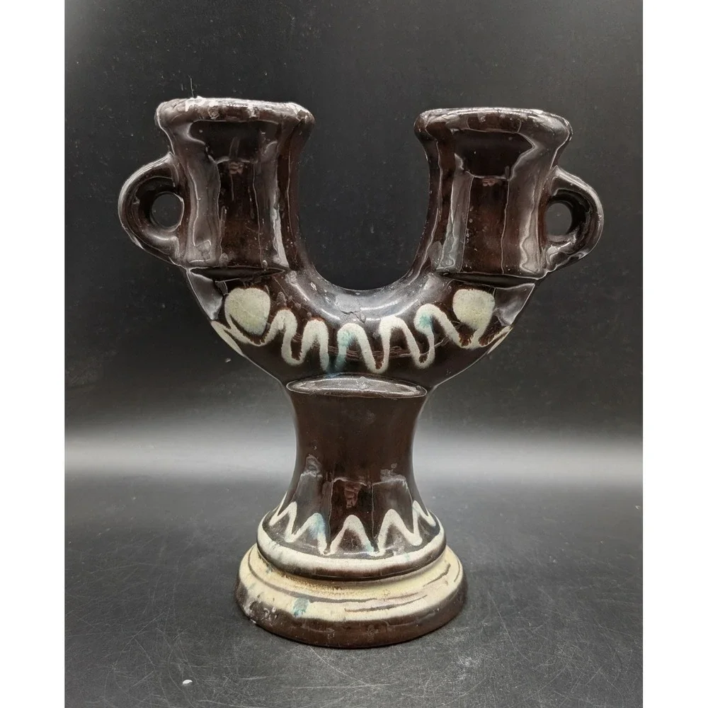 Nittsjo Sweden Thomas Hellstrom 6222 Brown Glazed Pottery Double Candle Holder